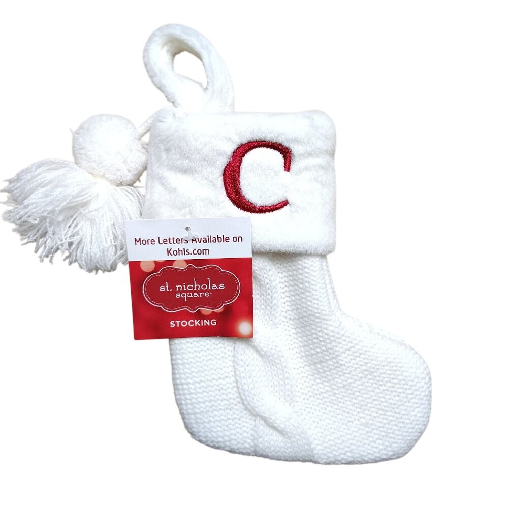 St. Nicholas Square 8 inch Monogram Letter C White Knit Stocking With Tassel